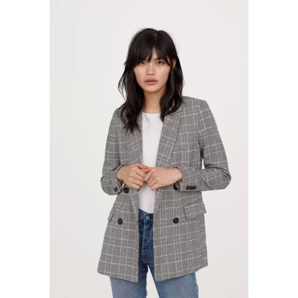 H&M Double-Breasted Black And  White Career Long Line Plaid Blazer
